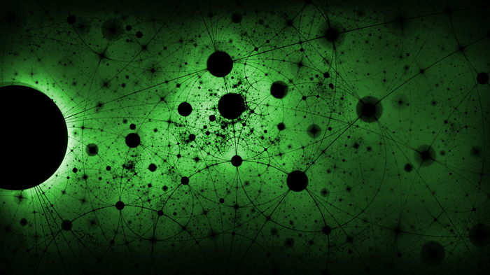 Abstract green space art with black circles and lines