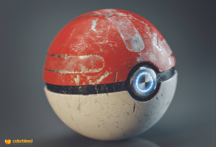 Worn-out red and white Pokemon Pokeball with glowing blue button
