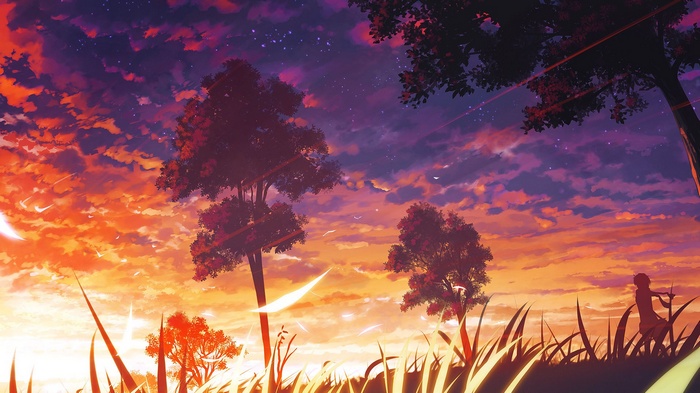 Anime sky with trees and a person