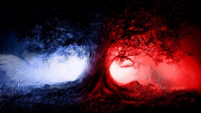 Devil, trees, fantasy art, nature, angel