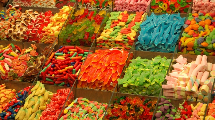 Assortment of colorful gummy candies and marshmallows