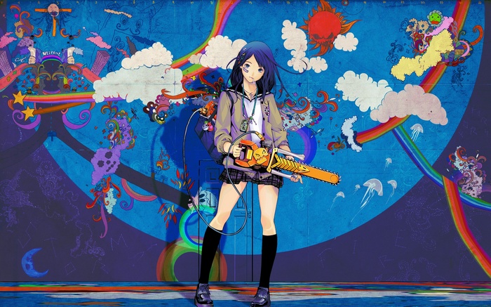 Anime girl with blue hair holding a chainsaw
