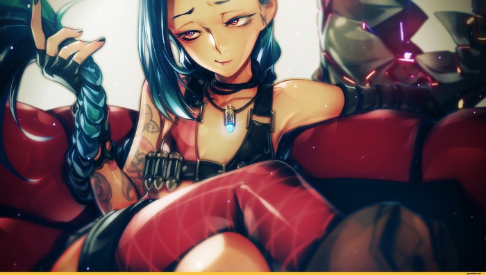 Jinx from League of Legends on a red couch