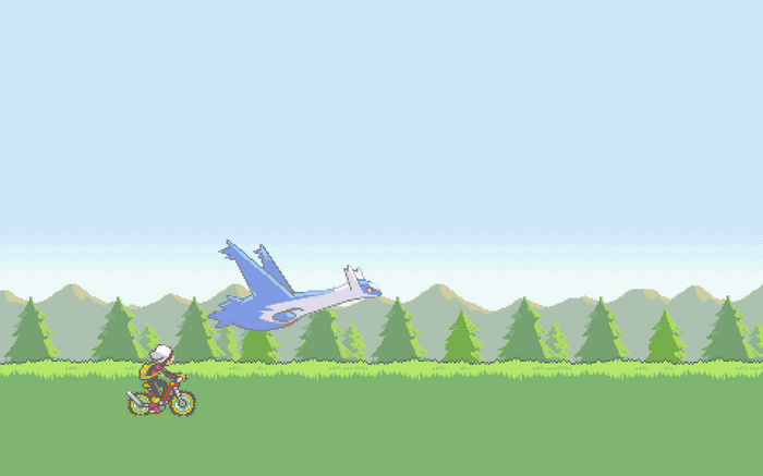 Pokemon Latias flying over a person on a bike