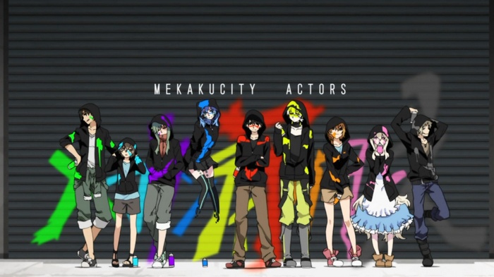 Mekakucity Actors characters in front of a garage door