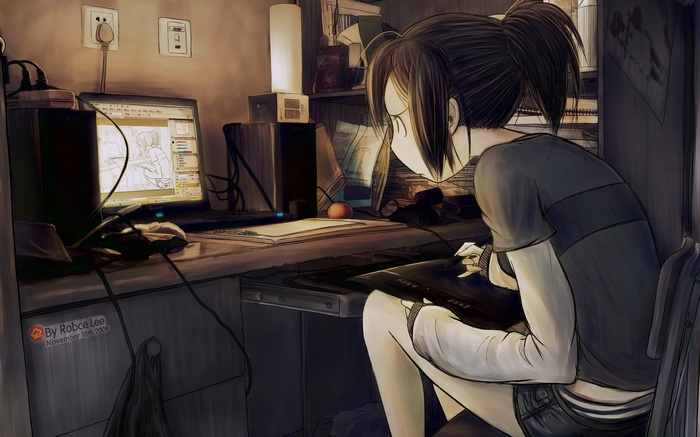Anime girl drawing on a computer with graphics tablet