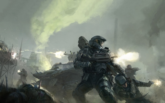 Master Chief and soldiers in a battle