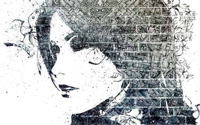 Monochrome abstract portrait of a woman with paint splatter and mosaic elements