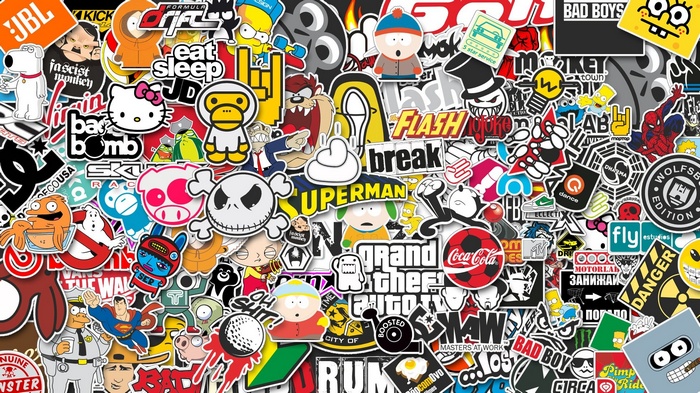 Collection of cartoon and brand stickers