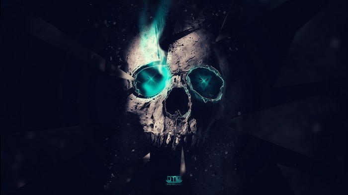 Digital art of a skull with neon eyes