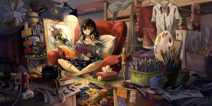 Anime girl painting in a cluttered art studio