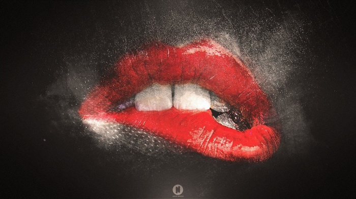Red lips biting teeth with white powder