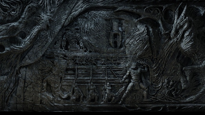 The Elder Scrolls V: Skyrim stone carving of dragons and warriors