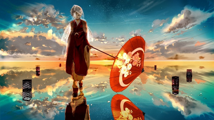 Kagamine Rin with an umbrella on reflective water