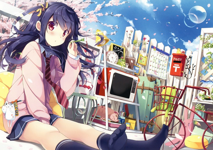 Anime girl in school uniform holding a flower