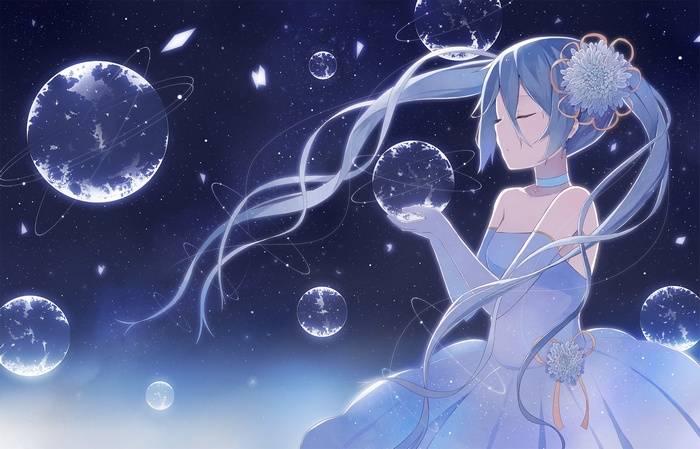 Hatsune Miku holding planets in space