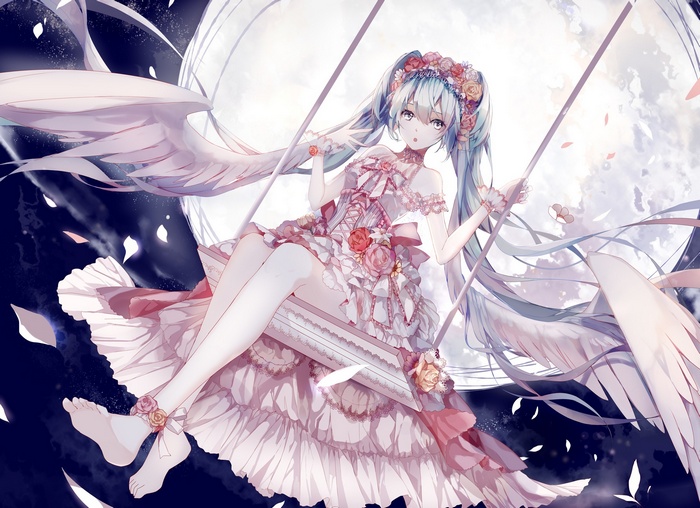 Hatsune Miku on a swing under the moon