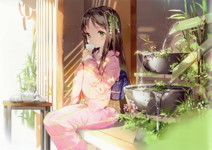 anime girls, original characters, anime, traditional clothing, tea, kimono