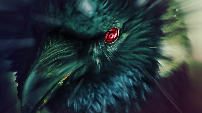 Artwork of a crow with a Sharingan eye