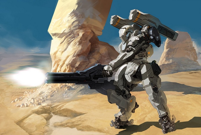Robot firing a large weapon in a desert landscape
