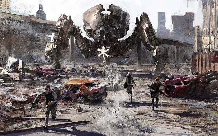 Giant mech attacks soldiers in a destroyed city
