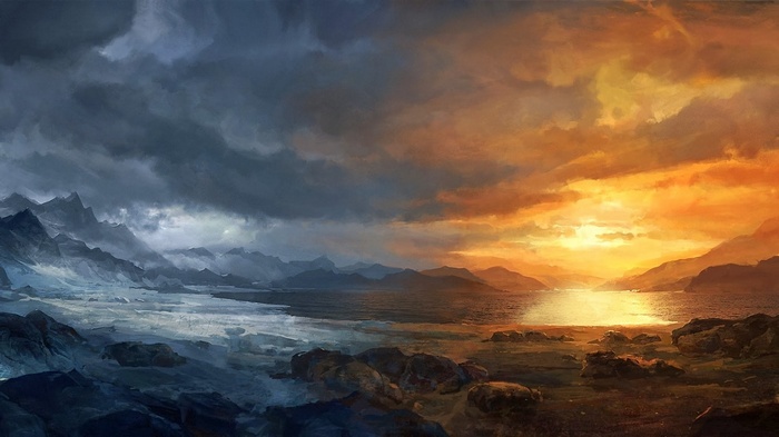 Artwork of mountains, water, and sky with sunlight and clouds