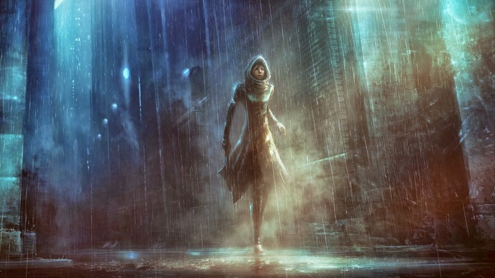 Artwork of a person in the rain