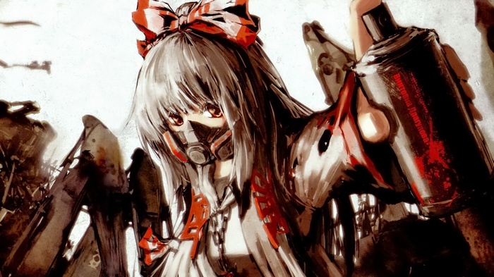 Fujiwara no Mokou with Gas Mask and Graffiti