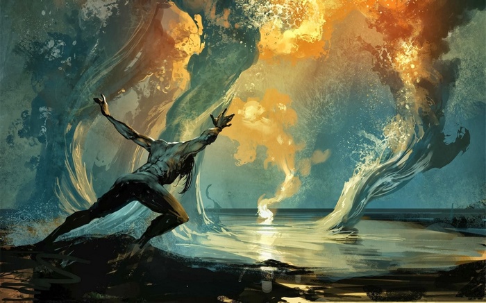 Man conjuring fire and water magic
