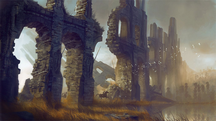 Ruined ancient stone structures with a lone rider