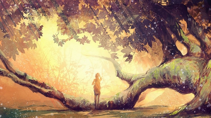 Anime girl standing under a large tree in a forest