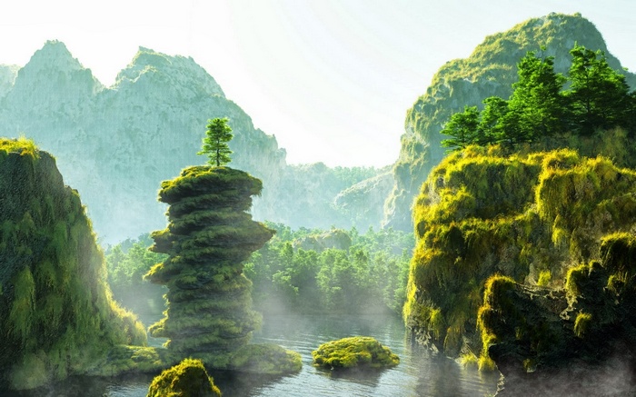Fantasy landscape with moss-covered rocks and mountains