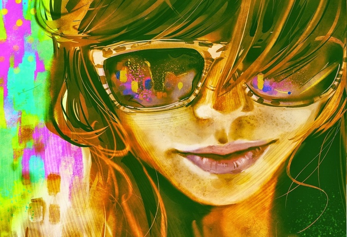 Artwork of a woman with glasses and colorful background