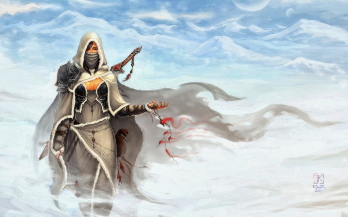 Fantasy girl in a snowy landscape with mountains