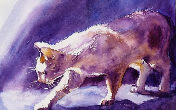 Watercolor painting of a cat in purple light