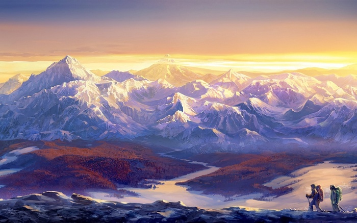 Artwork of hikers in a majestic mountain range at sunrise