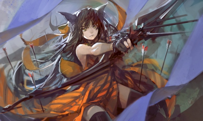 Anime girl with cat ears drawing a bow
