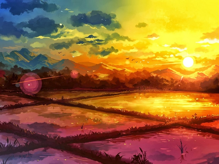 Fantasy art of a sunrise over rice paddies and mountains