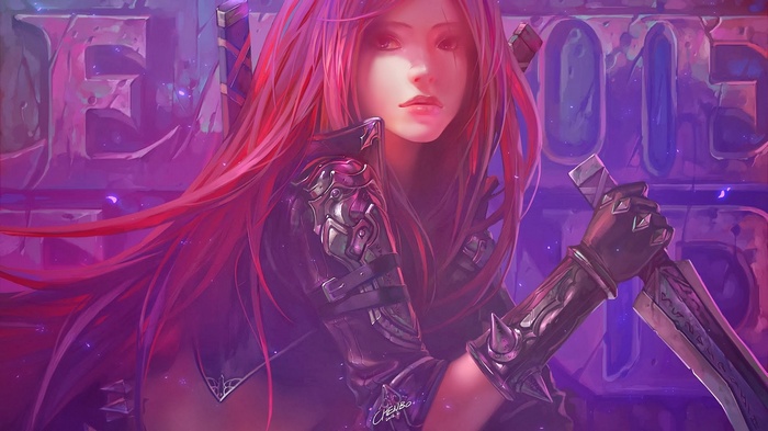 Katarina with pink hair and swords