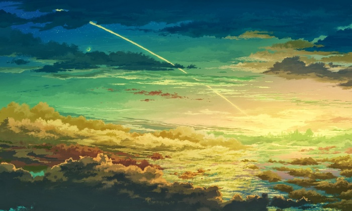 Anime artwork of a colorful sky with clouds