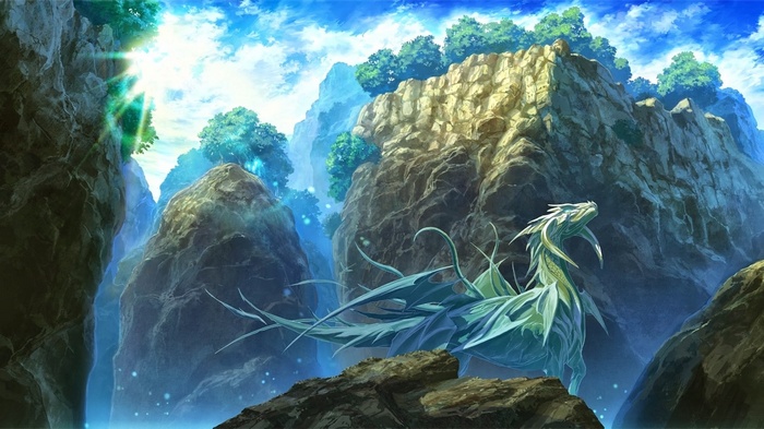 A dragon flies through a rocky canyon