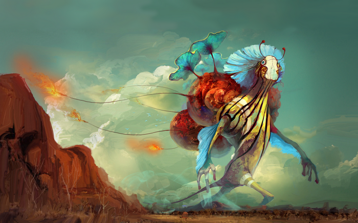 Fantasy creature with blue and yellow feathers