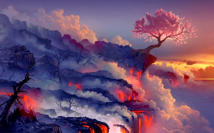 Fantasy landscape with cherry blossom tree and lava