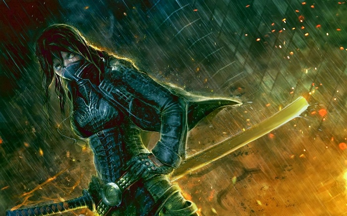 Anime warrior girl with katana in the rain