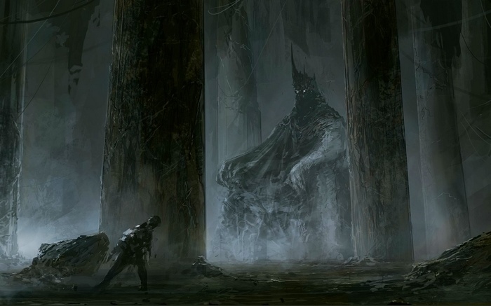 Sauron in his throne room with a warrior