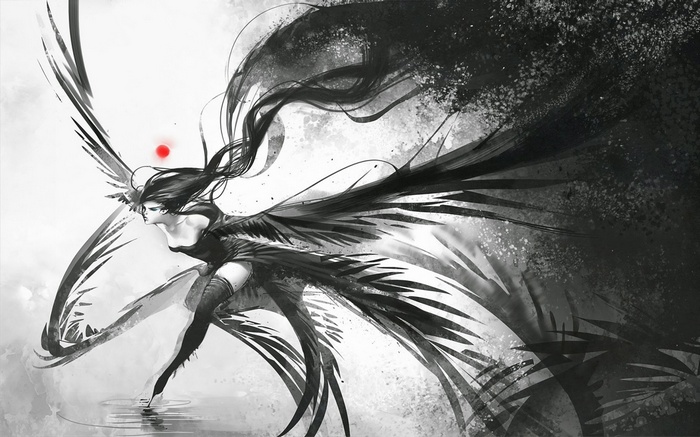 Anime girl with black wings and red dot