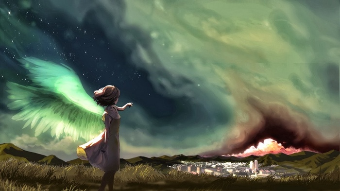 Anime girl with wings points at a stormy sky