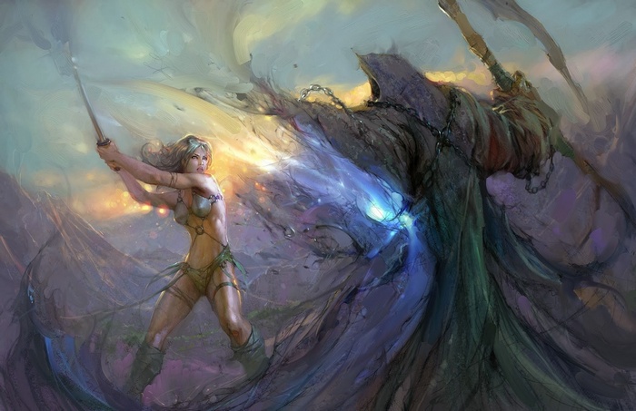 Warrior girl battles the Grim Reaper in fantasy art