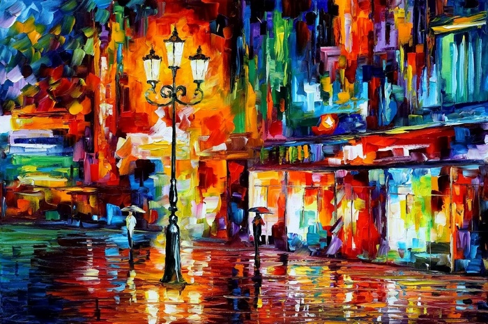 Leonid Afremov painting of a colorful street at night