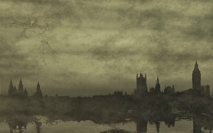 Artwork of London Westminster cityscape with rain